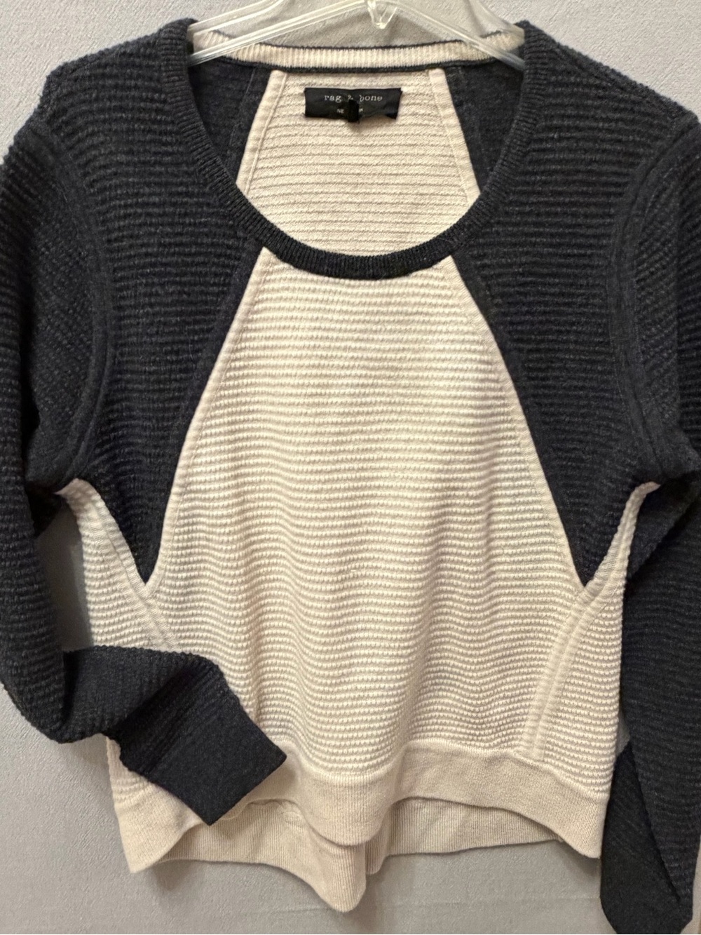 rag & bone Cream and Charcoal Colorblock Crew Sweater 100% wool